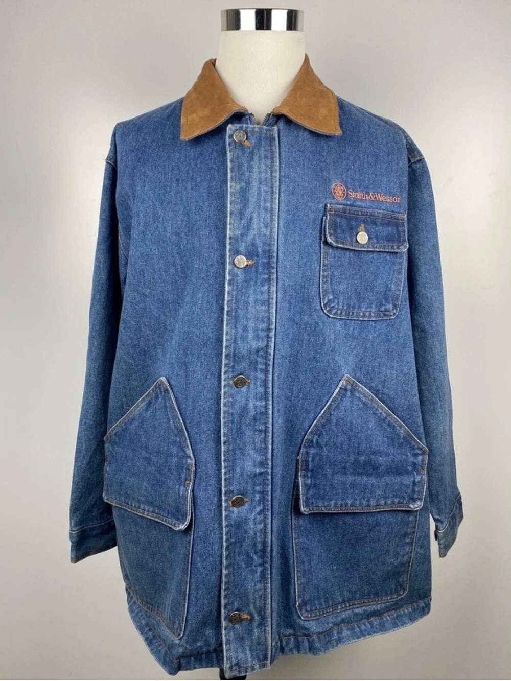 Vtg Smith & Wesson Men's 2X Denim Leather Elbow Patch Hunting Shooting Jacket